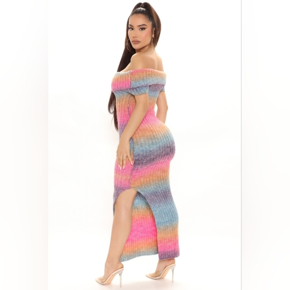 Multicolor Off-Shoulder Knit Dress - Picture 2 of 5